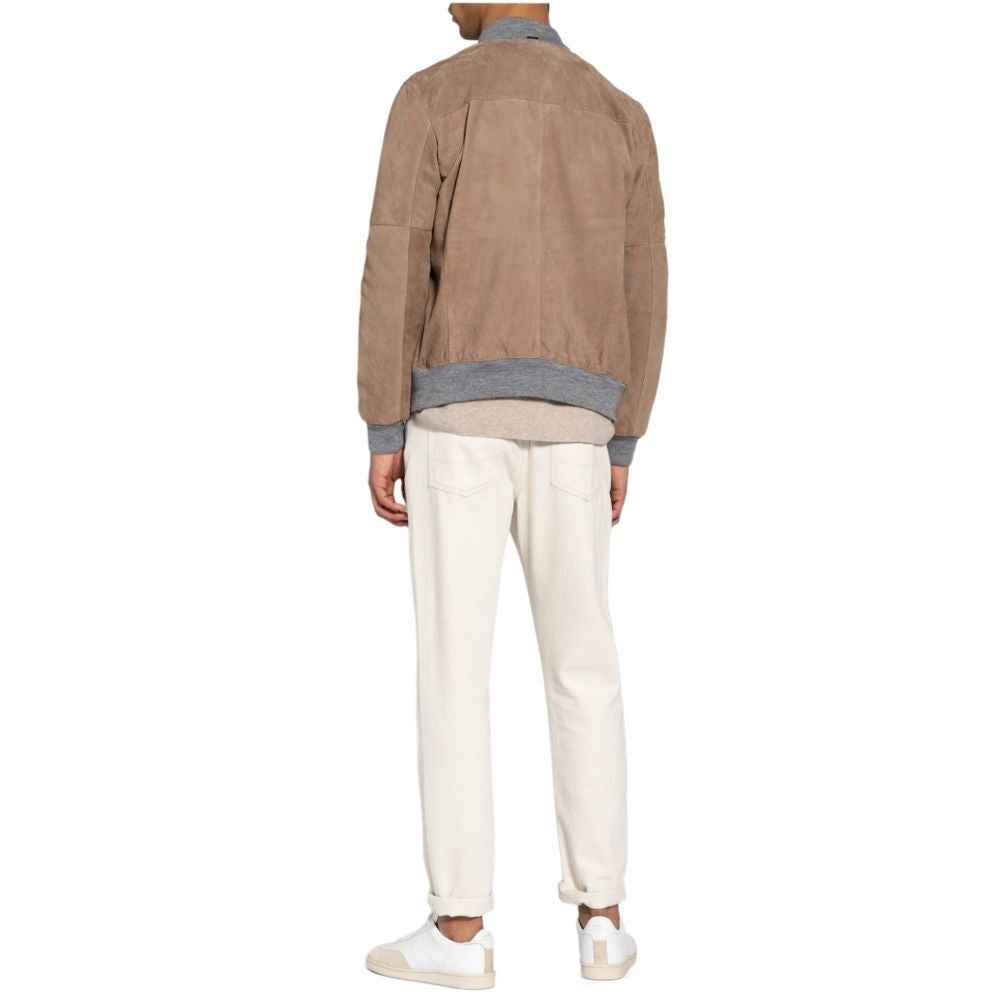 Sherpa Beige Suede Bomber Leather Jacket