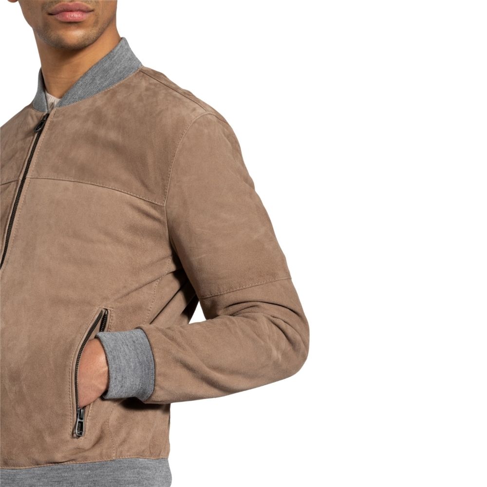 Sherpa Beige Suede Bomber Leather Jacket