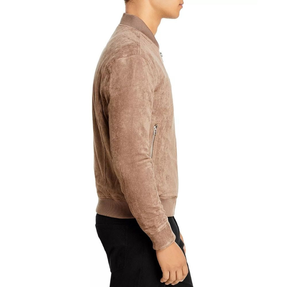 Brett Beige Suede Bomber Leather Jacket