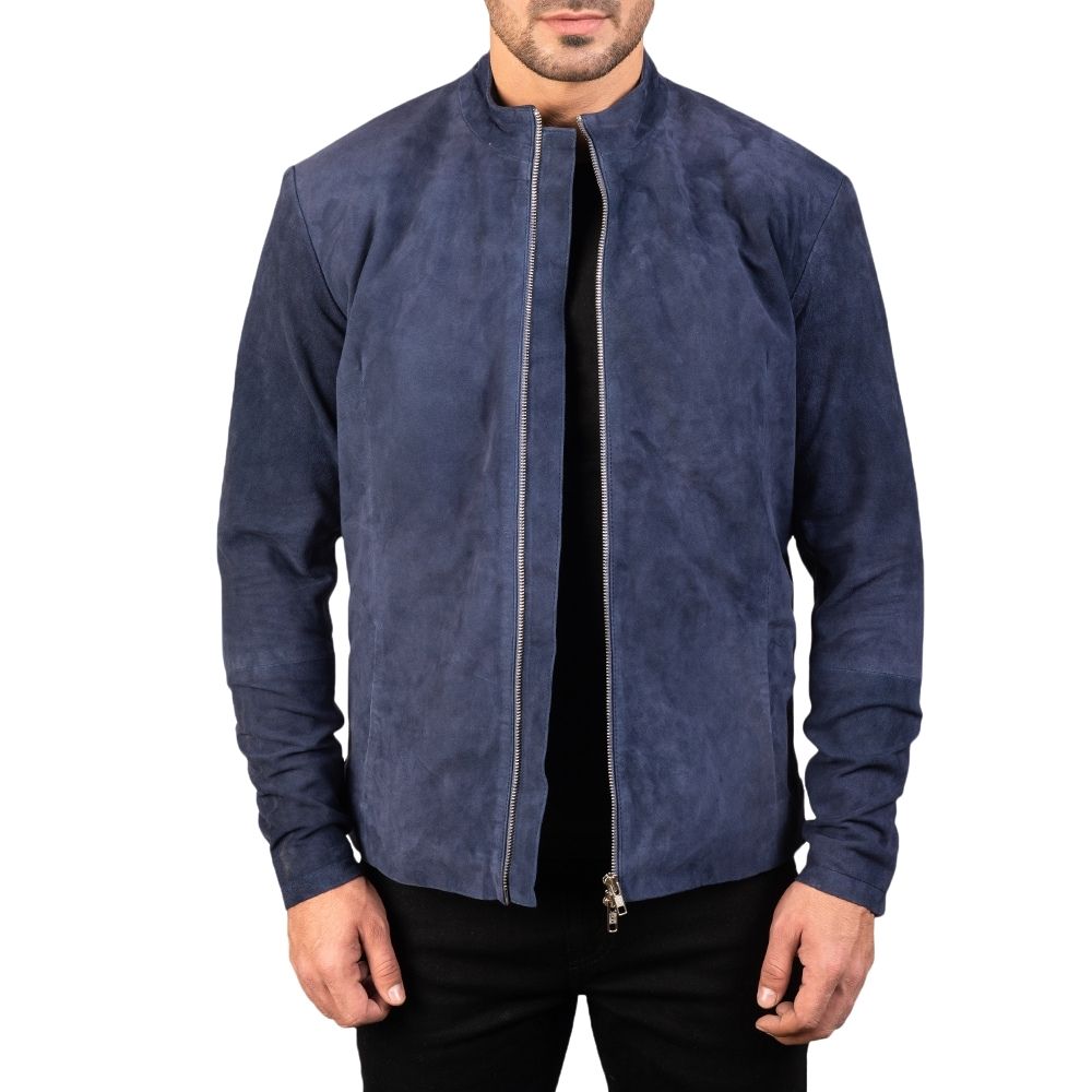 Nathanael Blue Suede Racer Leather Jacket