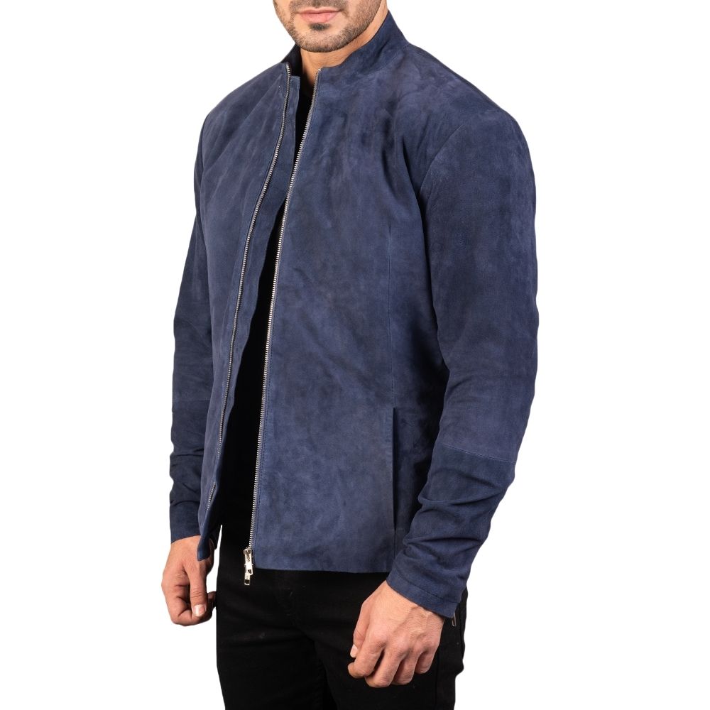 Nathanael Blue Suede Racer Leather Jacket