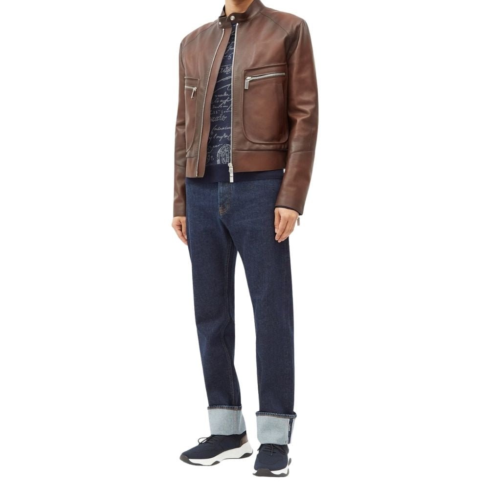 Alessandro Brown Bomber Leather Jacket