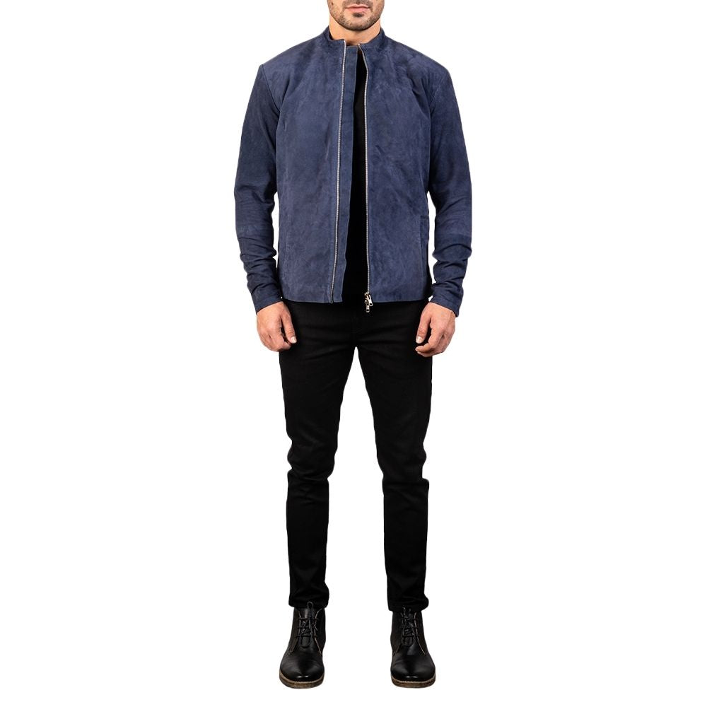 Nathanael Blue Suede Racer Leather Jacket