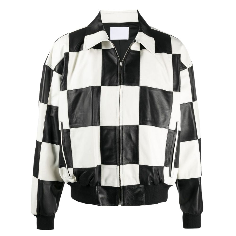 Fidel Black And White Bomber Leather Jacket