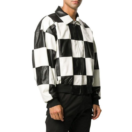 Fidel Black And White Bomber Leather Jacket