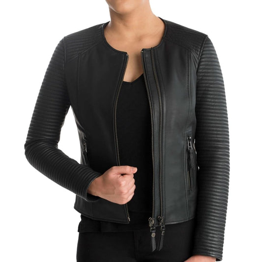 Abby Black Quilted Racer Leather Jacket