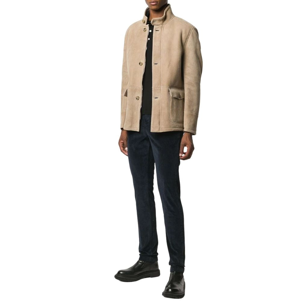 Myles Beige Suede Racer Leather Jacket