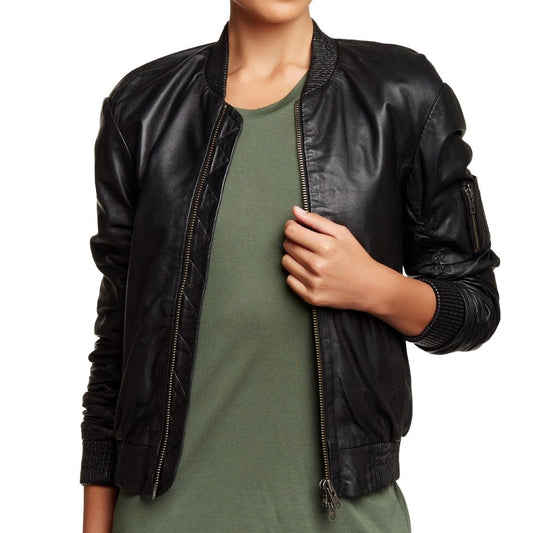 Angela Black Bomber Leather Jacket