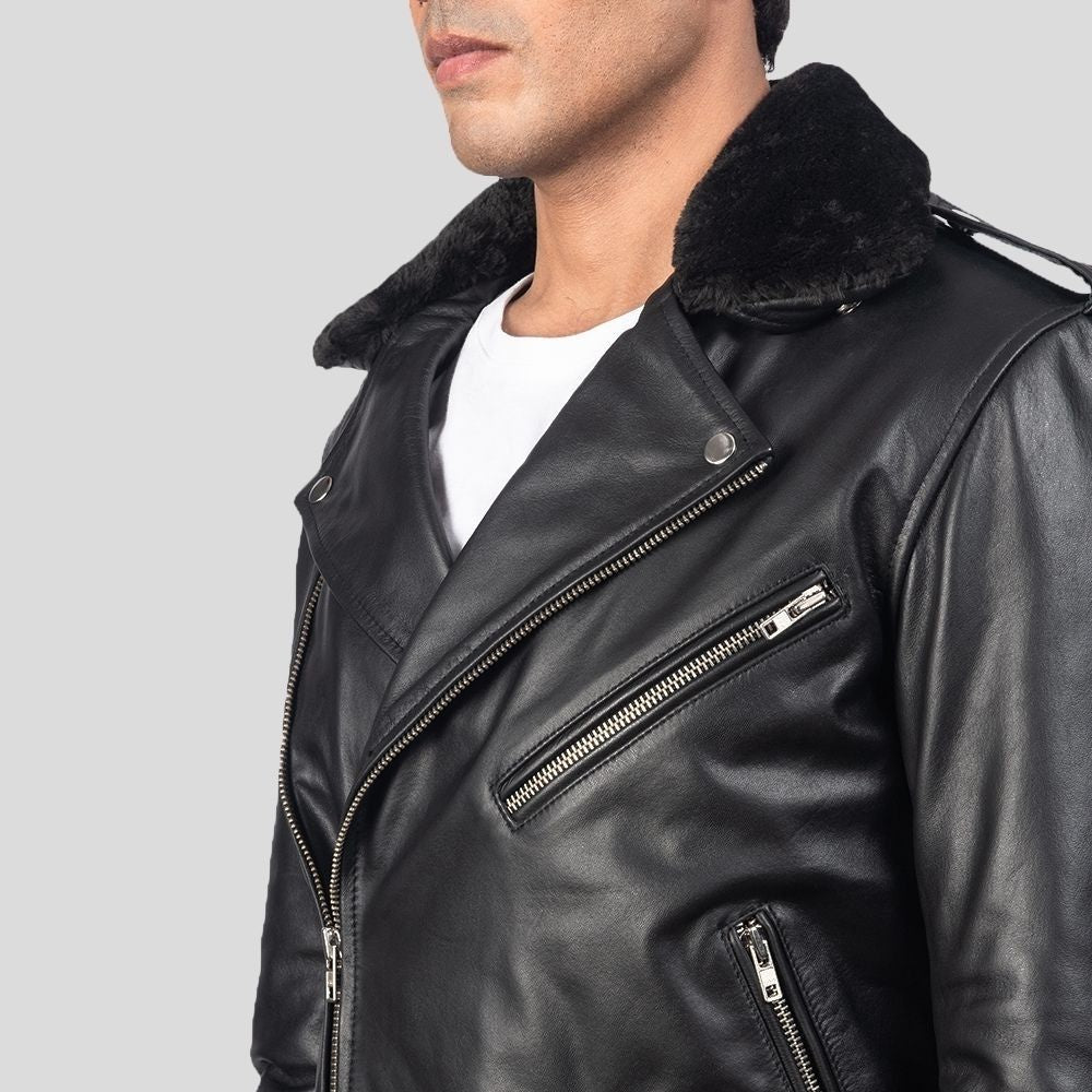 Jonathan Black Fur Biker Leather Jacket