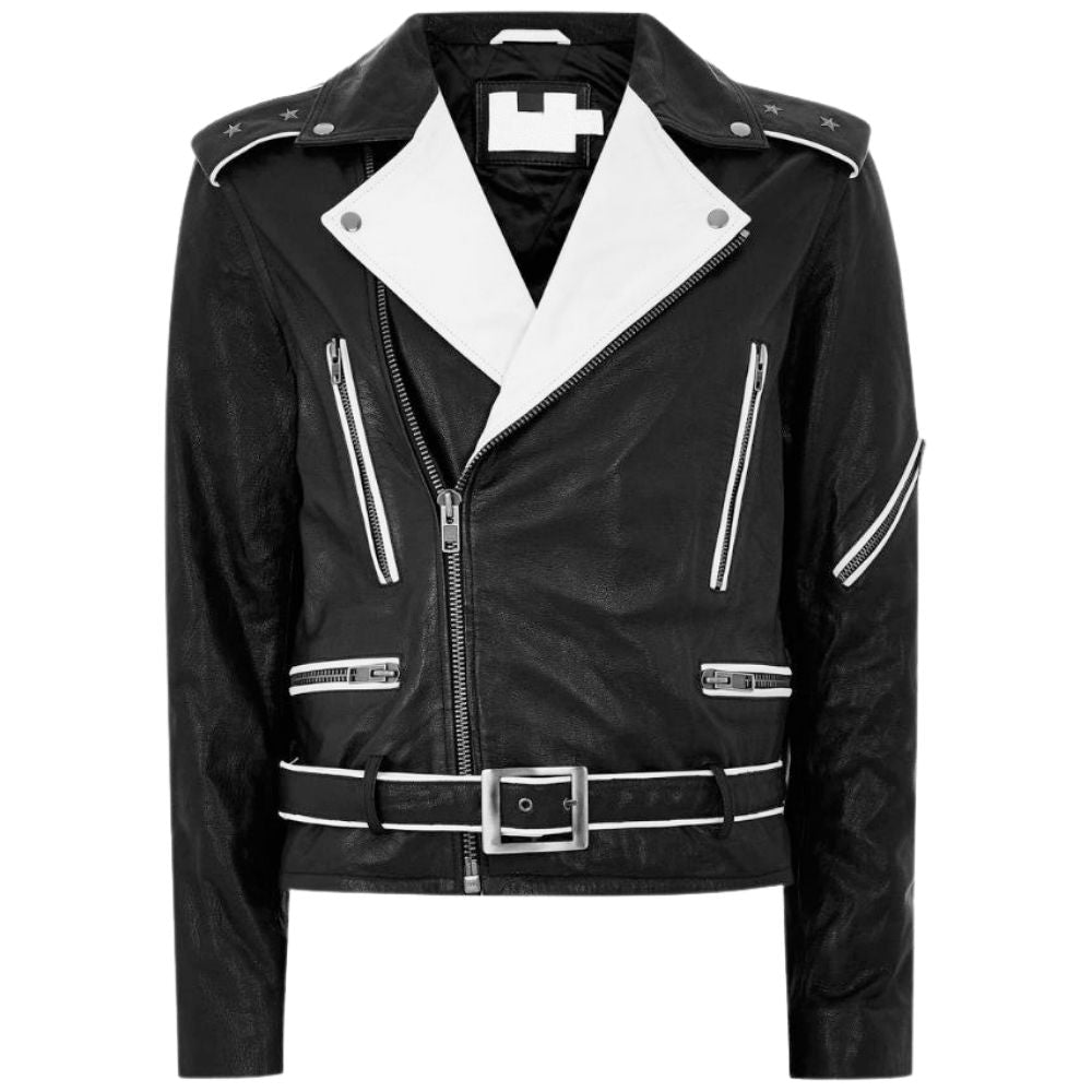 Ezra Black And White Biker Leather Jacket