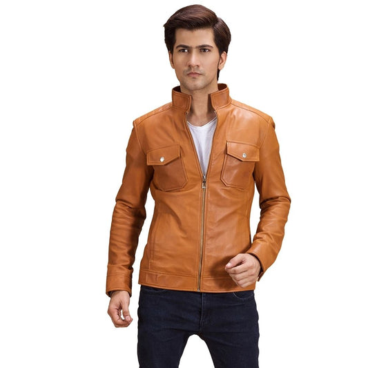 Kareem Tan Racer Leather Jacket