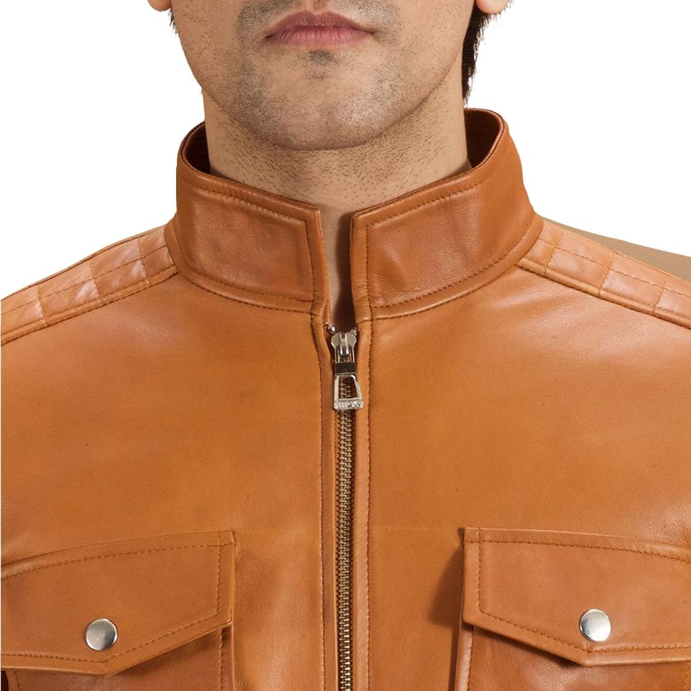 Kareem Tan Racer Leather Jacket