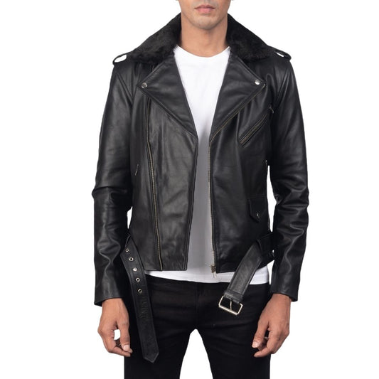 Jonathan Black Fur Biker Leather Jacket