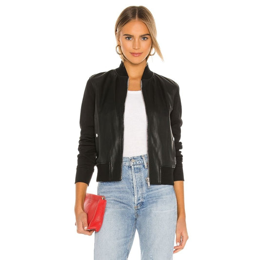 Alessandra Black Bomber Leather Jacket