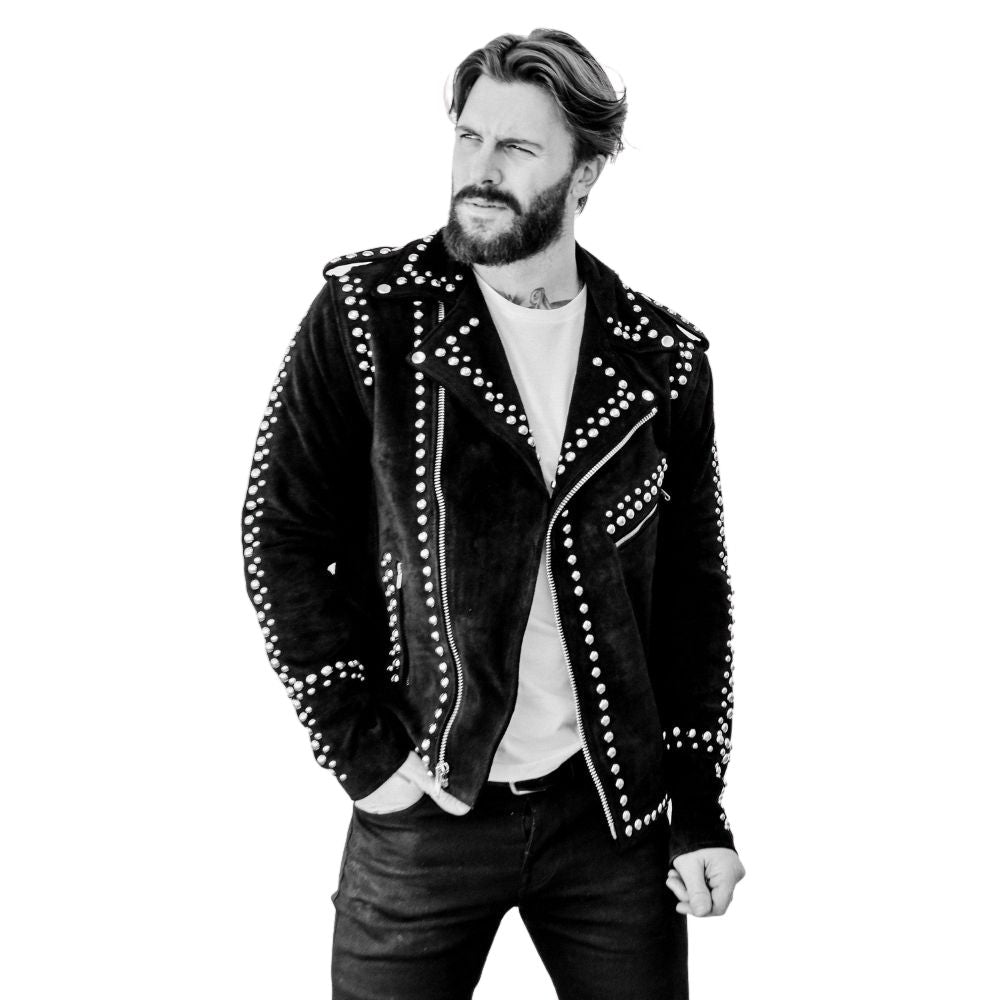 Xavier Black Studded Suede Biker Leather Jacket