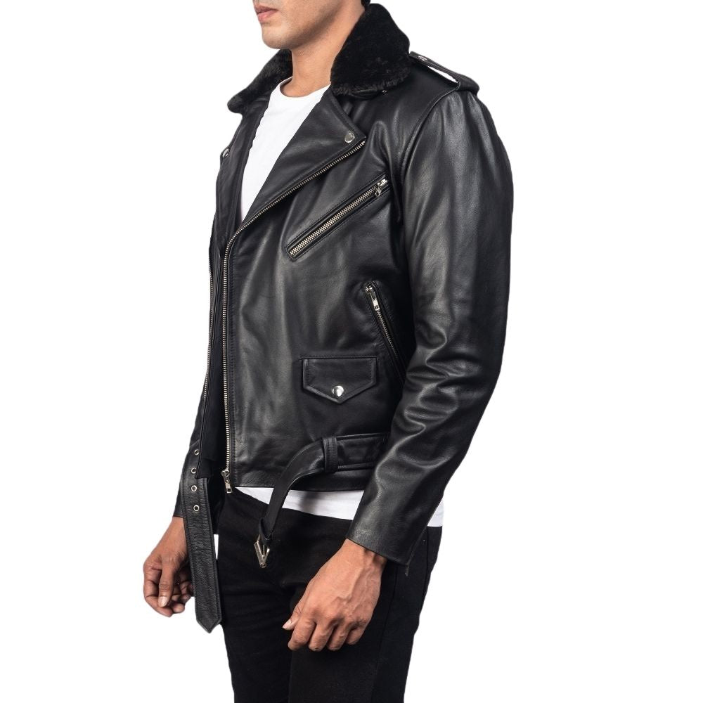 Jonathan Black Fur Biker Leather Jacket