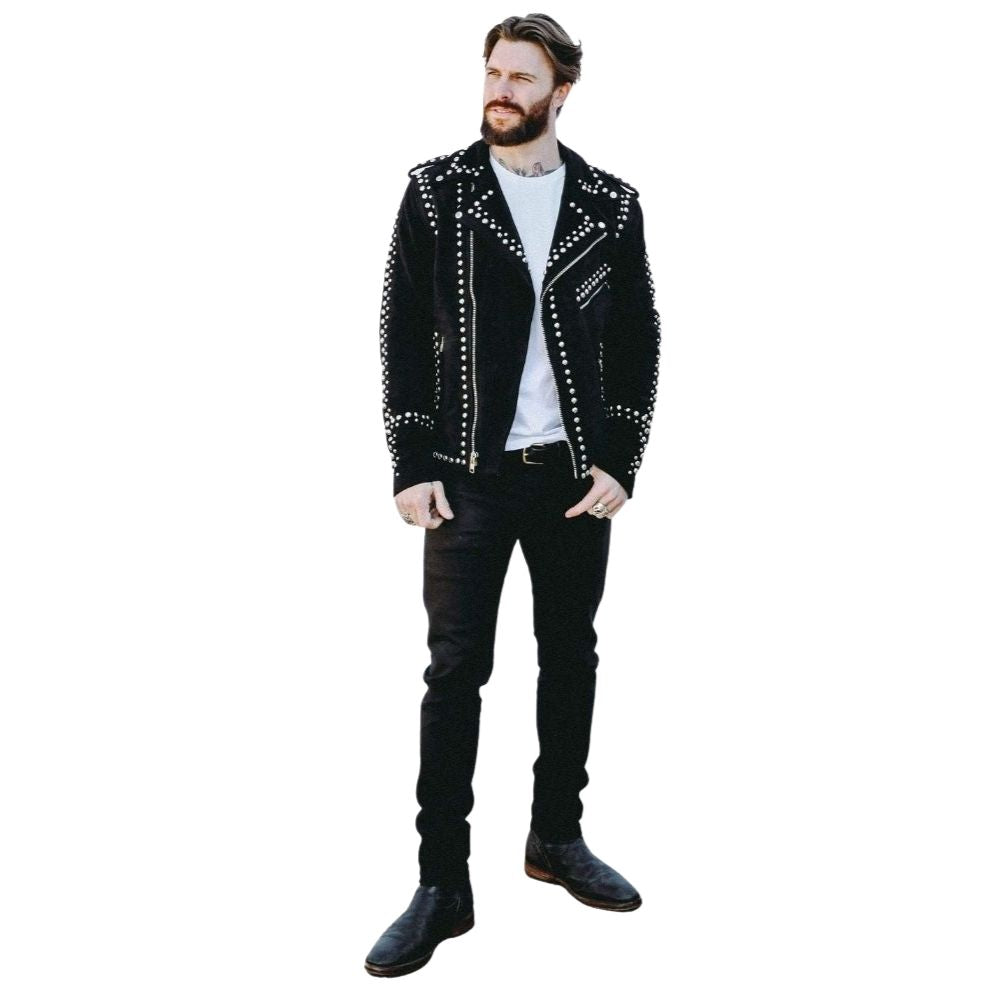 Xavier Black Studded Suede Biker Leather Jacket