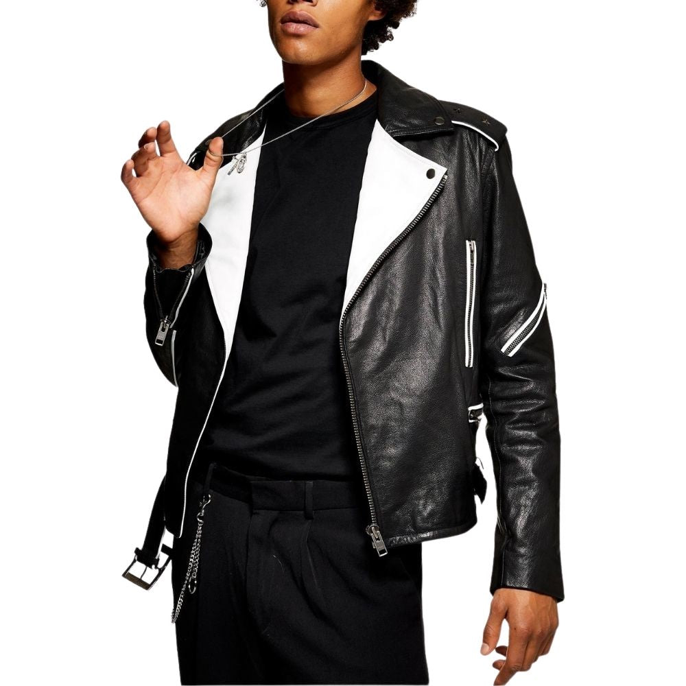 Ezra Black And White Biker Leather Jacket