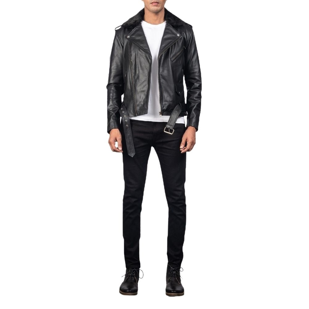 Jonathan Black Fur Biker Leather Jacket