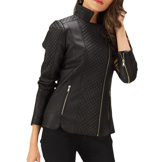 Azalea Black Quilted Racer Leather Jacket