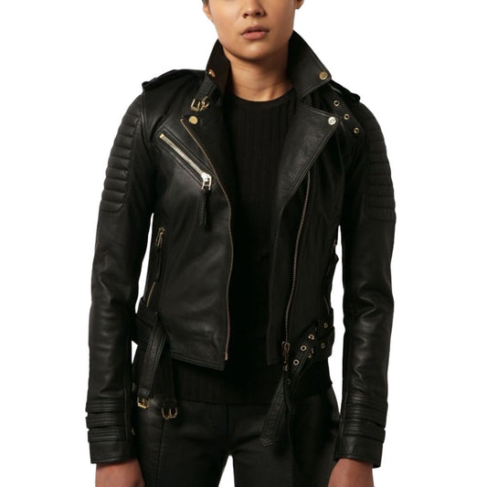 Amelia Black Quilted Biker Leather Jacket