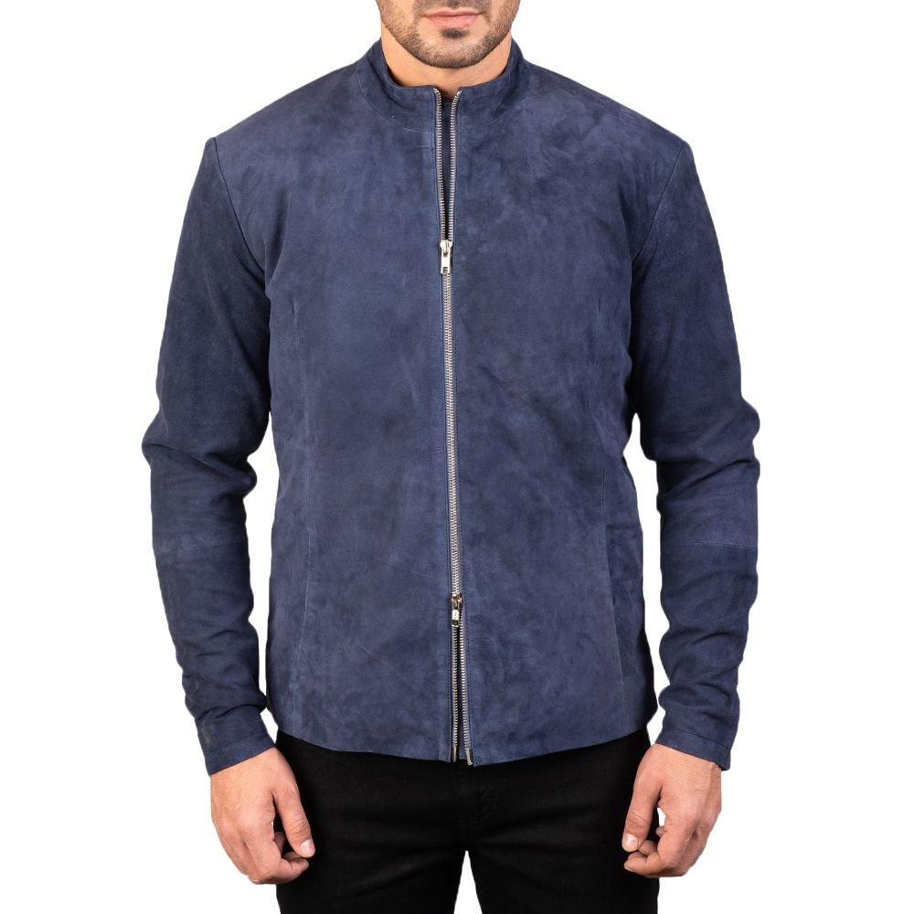 Nathanael Blue Suede Racer Leather Jacket