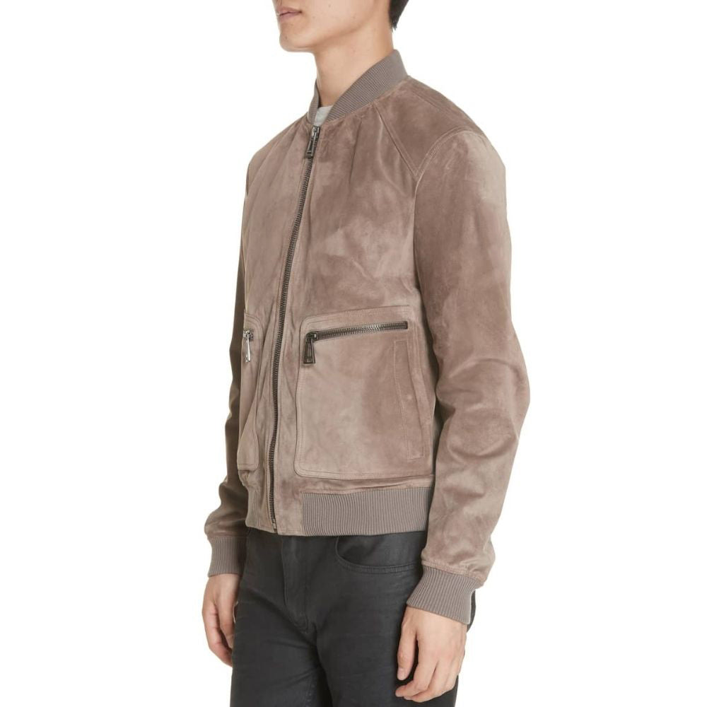 Anthony Beige Suede Bomber Leather Jacket