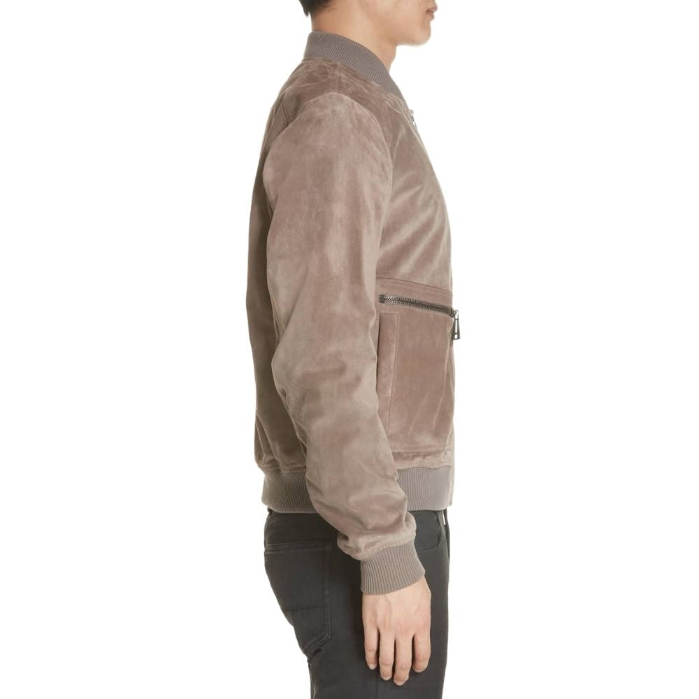 Anthony Beige Suede Bomber Leather Jacket