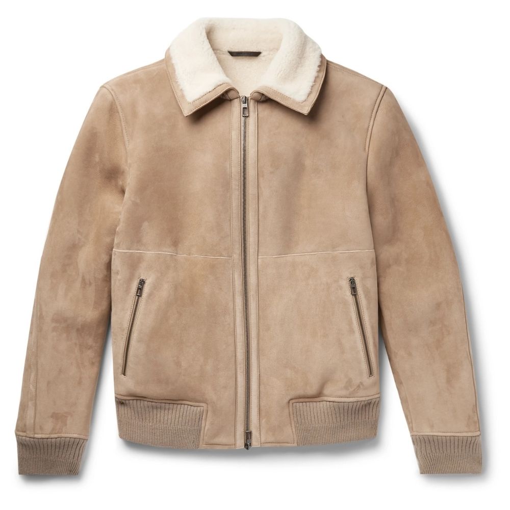 Brian Beige Suede Fur Bomber Leather Jacket